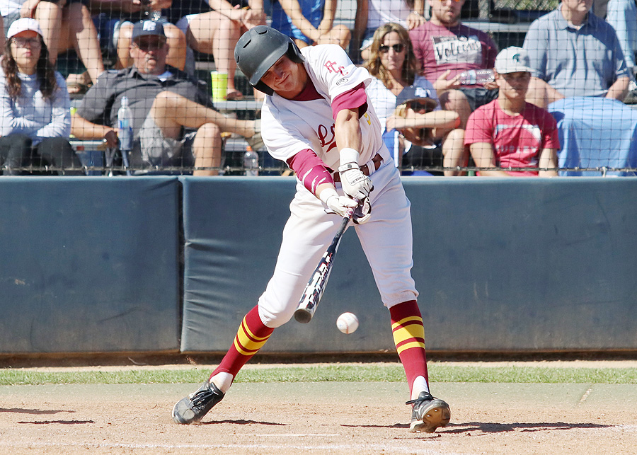 Lancers shortstop Alex Briggs reaches for a single on this at bat during PCC's season finale loss at El Camino College, photo by Richard Quinton.