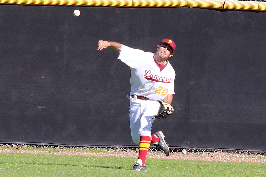 PCC centerfielder John Bicos, who has a .900 on-base percentage in 10 at bats, makes the throw from center field in the Lancers win Saturday at Brookside Park, photo by Richard Quinton.