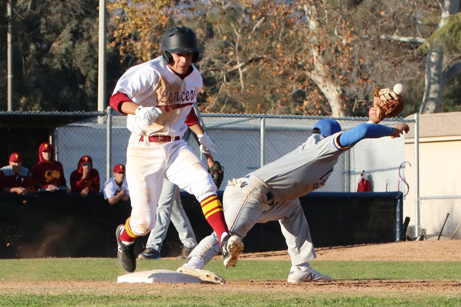 PCC shortstop Jose Jimenez beats out a throw in a recent game. The sophomore has hit safely in all five Lancers games and is batting .435 overall, photo by Richard Quinton.