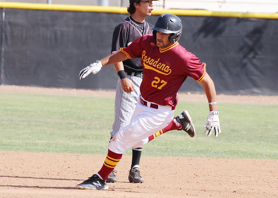 Jason Ajamian is on the basepaths against Rio Hondo in the regular season finale Friday. The first baseman twice had clutch RBI hits to help PCC win the final two games, photo by Richard Quinton.