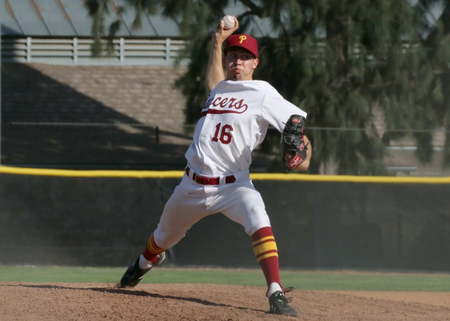 Nathan Garkow dazzled with a 5-hit shutout as PCC completed a rain-halted game from March 13, beating Cerritos, 6-0, image by Richard Quinton.