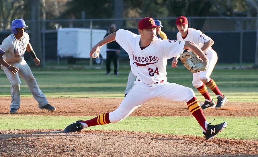Lancer pitcher Gordon Ingebritson delivers a pitch during his eight shutout innings against West LA in PCC's season-opening victory Friday at Jackie Robinson Field, photo by Richard Quinton.
