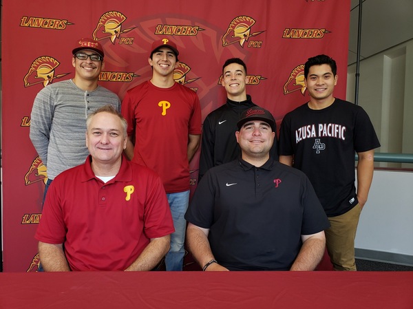 Four of the PCC Lancers 4-year university signing class participated in a ceremony on Wednesday (top row from left--Frank Gonzalez, Patrick Pena, Lorenzo Llorens, and Cole Pilar. (front row left--PCC head coach Pat McGee and assistant coach Nico Calderaro