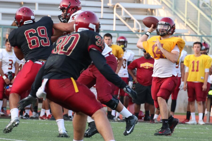Ian Brian, a redshirt freshman quarterback (yellow top), is part of a solid signal caller tandem as the PCC football team starts the 2017 season this Saturday in hosting Long Beach City College, photo by Richard Quinton.