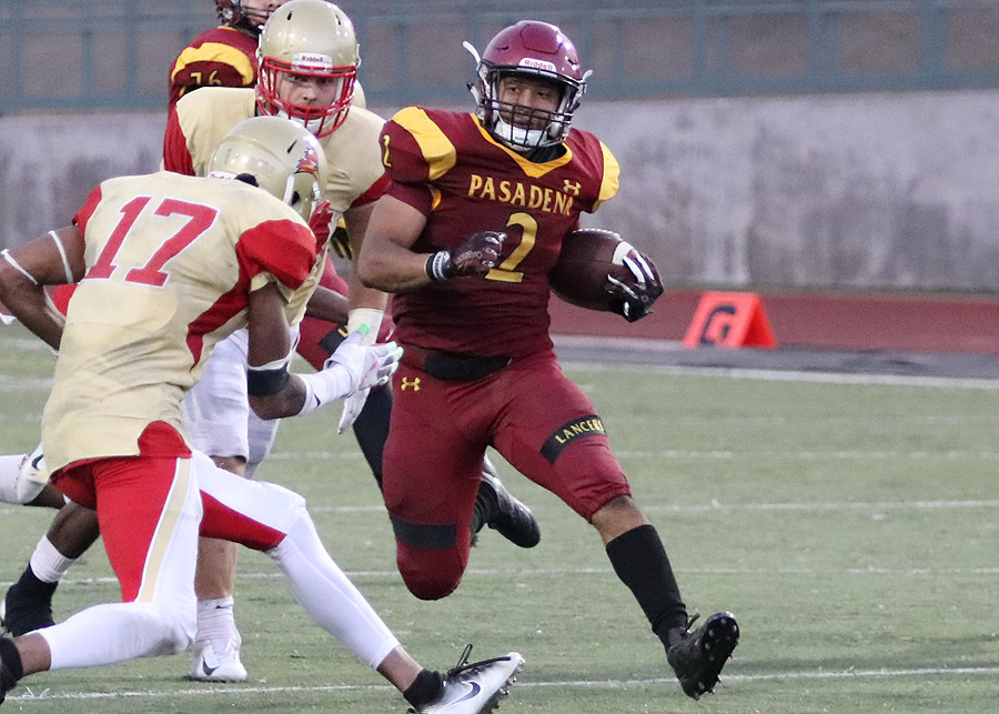 Sultaan Sullivan rushed for 150 yards and two touchdowns in PCC's season-opening win over College of the Desert Saturday night, photo by Richard Quinton.