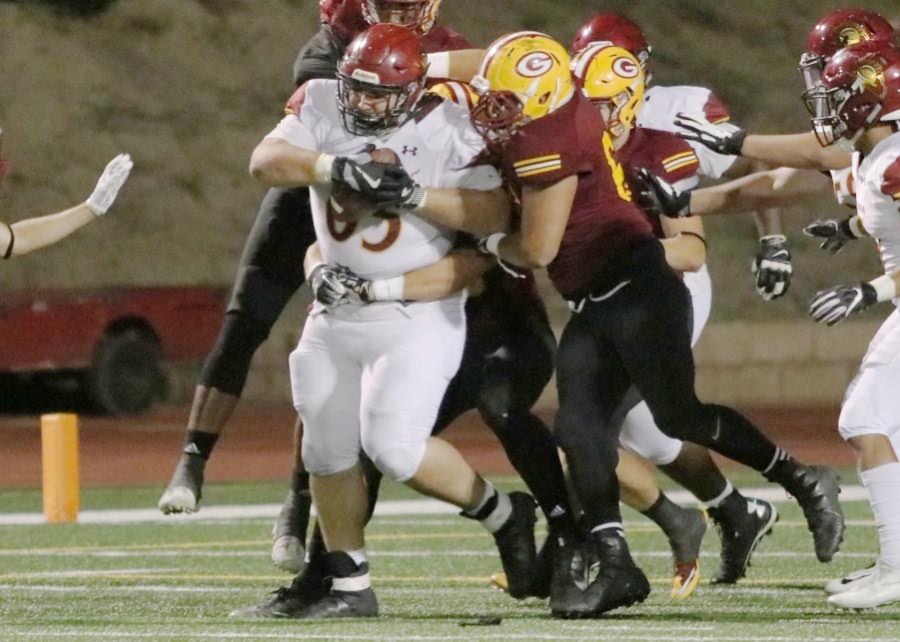 Lancers offensive lineman Juan Perez picked up a loose ball and kept on going during PCC's loss v. Saddleback at Mission Viejo High School Saturday evening, photo by Richard Quinton.