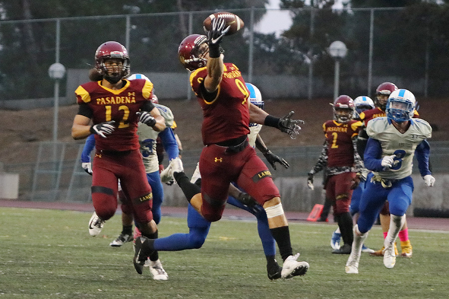 Lancer Forest Fajardo hauls in a 33-yard TD pass that gave PCC a lead in its 27-21 OT loss v. Allan Hancock on Saturday, photo by Richard Quinton.
