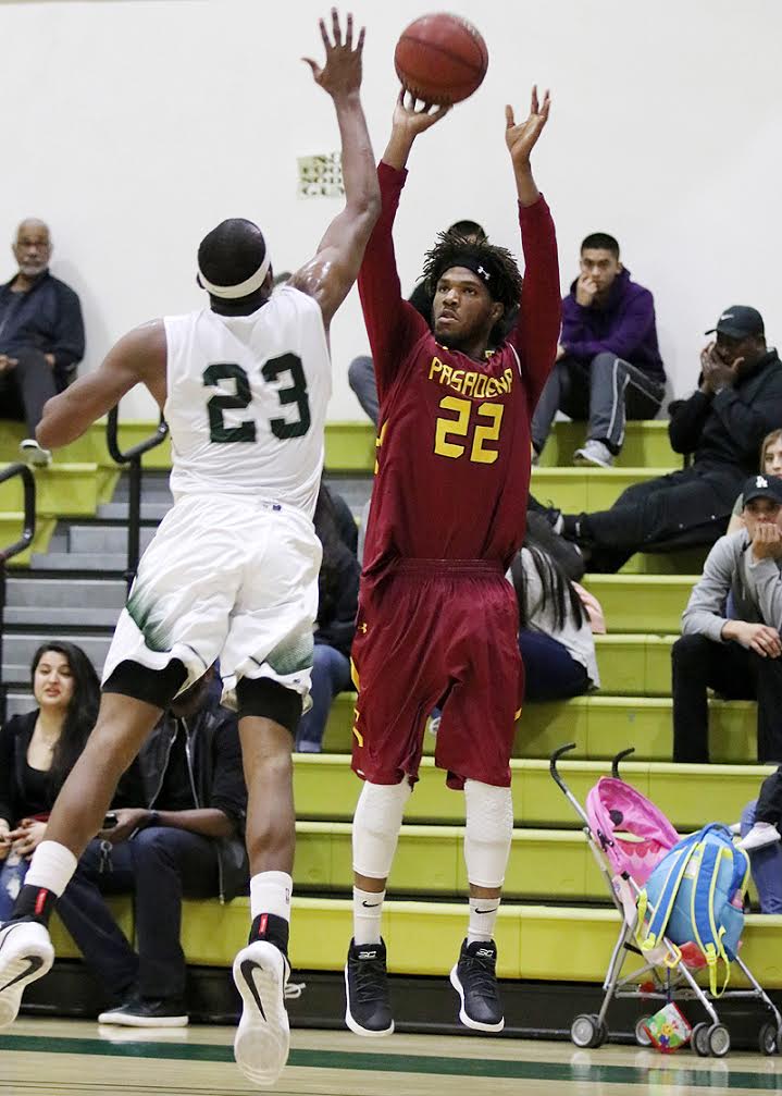 Lancer Kyle Mitchell hits a jumper here in a loss at East Los Angeles College last Wednesday, photo by Richard Quinton.