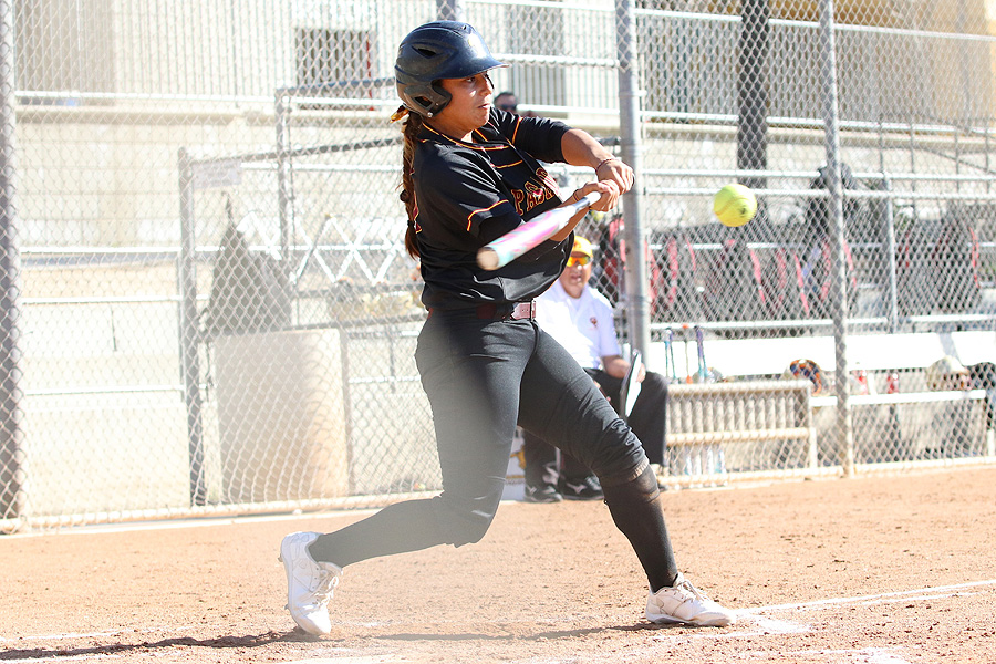 Catcher Grace Sinisterra lines one of the Lancers three triples Wednesday in the team's win at Glendale, photo by Richard Quinton.