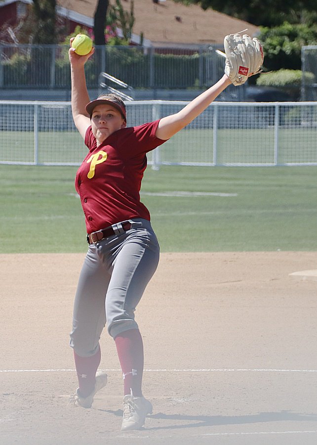 Angel Wintercorn set down 23 in a row during a 2-hitter over eight innings in PCC's 2-1 win over East Los Angeles, photo by Richard Quinton.