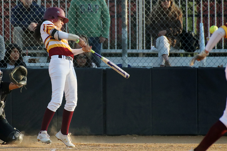 Briana Hernandez lines a 2-RBI double during the Lancers rally in a loss to Mt. San Antonio Thursday, photo by Richard Quinton.