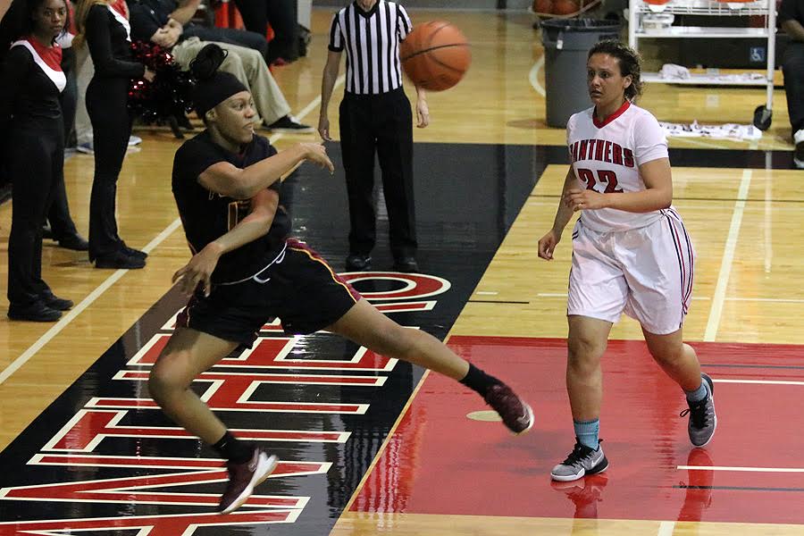 Sophomore forward Kandace Payne saves the ball from going out of bounds during PCC's win at Chaffey College Friday night, photo by Richard Quinton.
