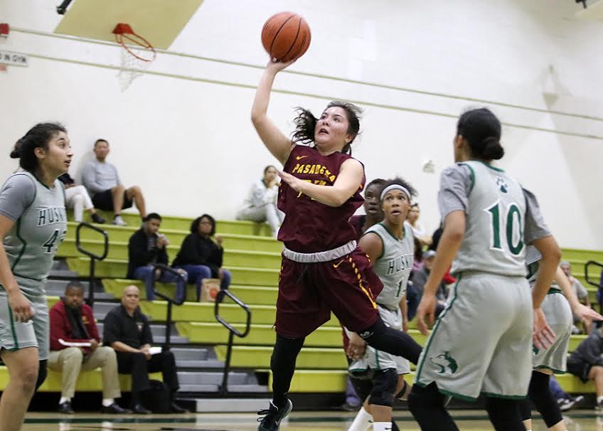 Lancer Elise Ortega in a recent game. She made five 3-pointers in PCC's win at Chaffey Friday, photo by Richard Quinton.