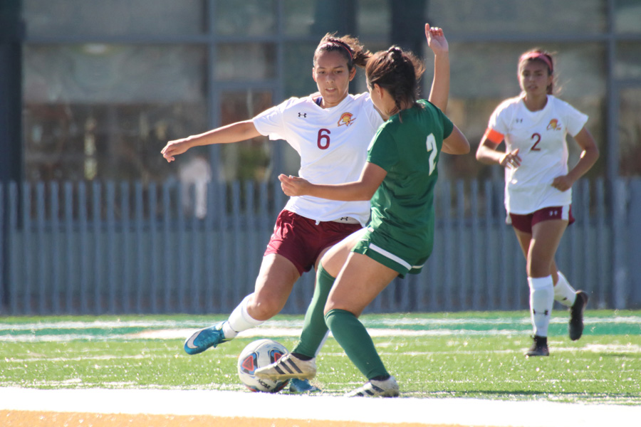 Yulissa Macias in action in an earlier match. She scored her first goal of the season in PCC's 2-2 tie at Allan Hancock College on Friday, photo by Richard Quinton.