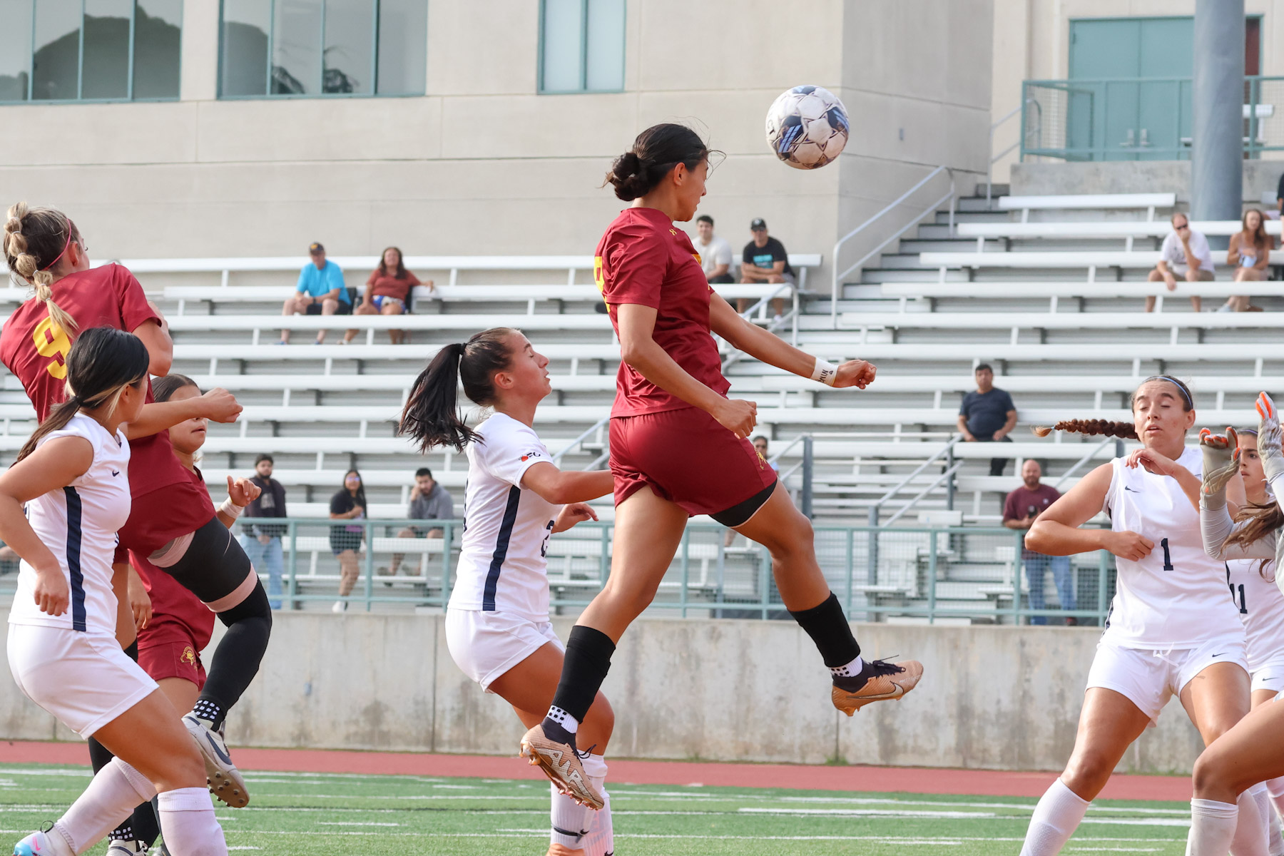 Itzel Nunez heads the ball during the Lancers win v. Irvine Valley on Tuesday (photo by Richard Quinton).
