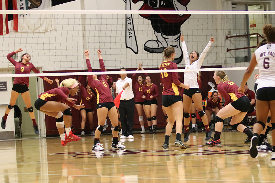 Let the celebration begin as the PCC women's volleyball team moved into first place in the SCC North Division with this 4-set win at Mt. San Antonio Wednesday, photo by Richard Quinton.