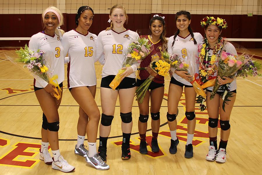 PCC women's volleyball sophomores were recognized for their 2-year accomplishments on Friday night, photo by Richard Quinton.