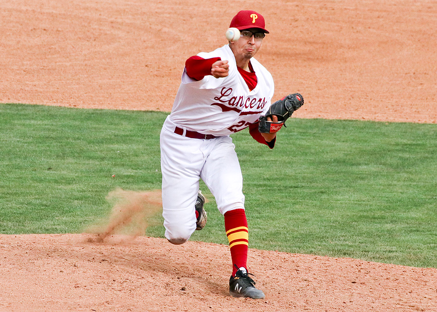 Patrick Pena fires a pitch as he helped PCC win its SoCal Regional Play-In Round game v. Citrus on Tuesday, photo by Richard Quinton.
