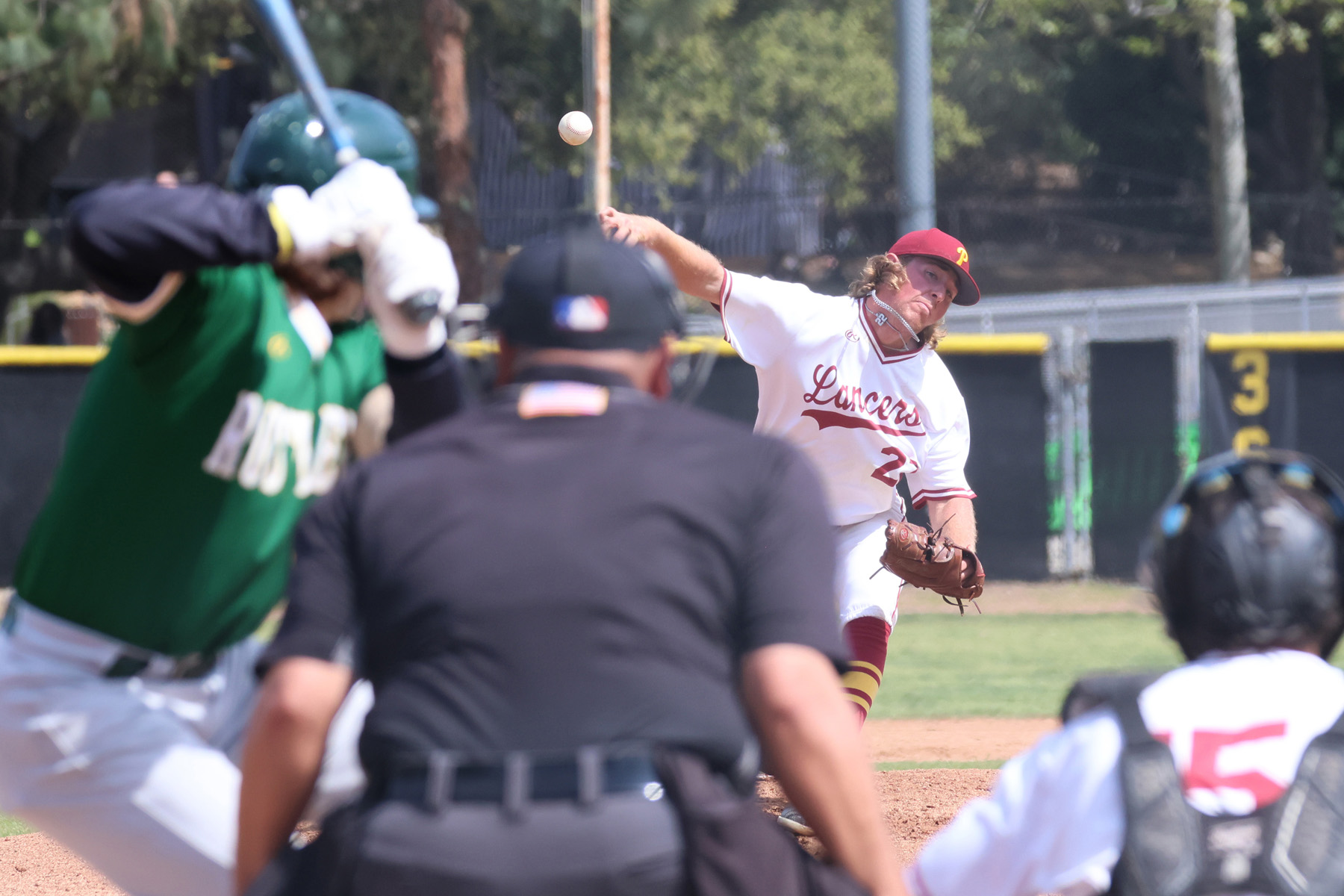 Jameson Ferraro fires a pitch in a recent home game(photo by Richard Quinton).
