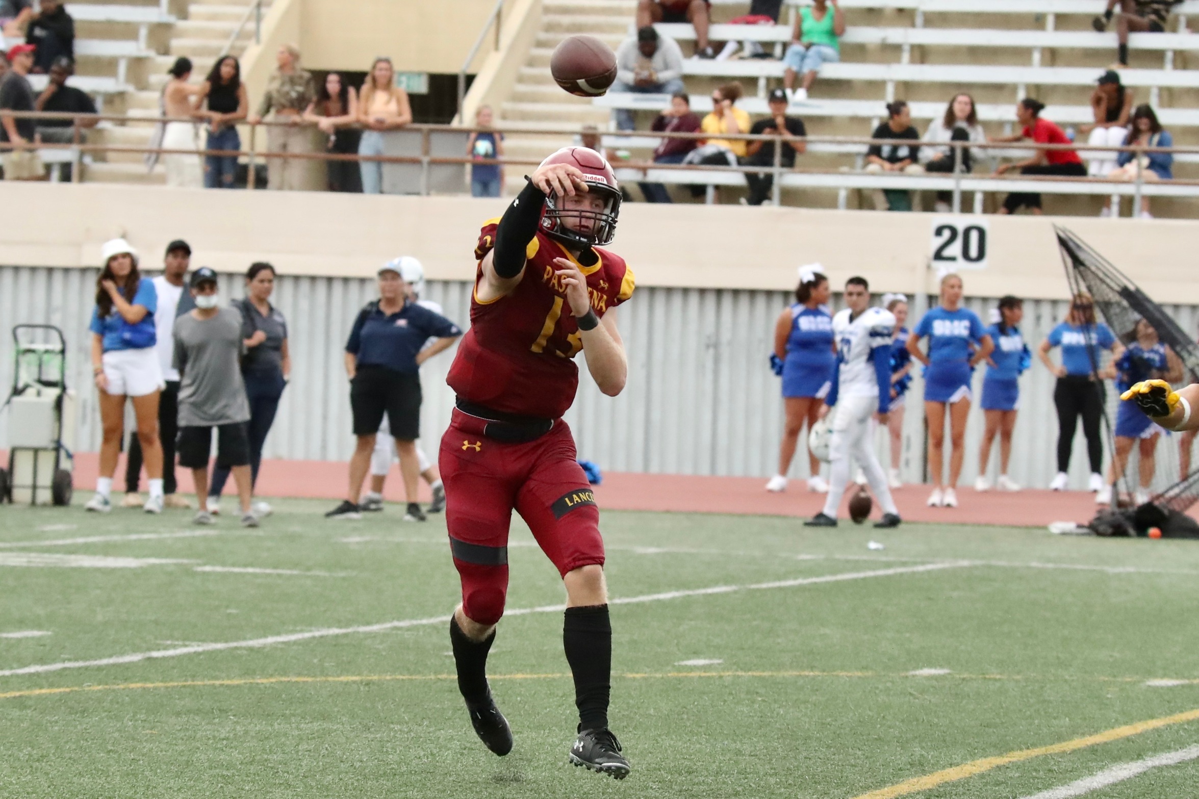 QB Jakob Doolittle passes for a 2-point conversion during the Lancers' 27-20 win at SMC on Saturday (photo by Michael Watkins).