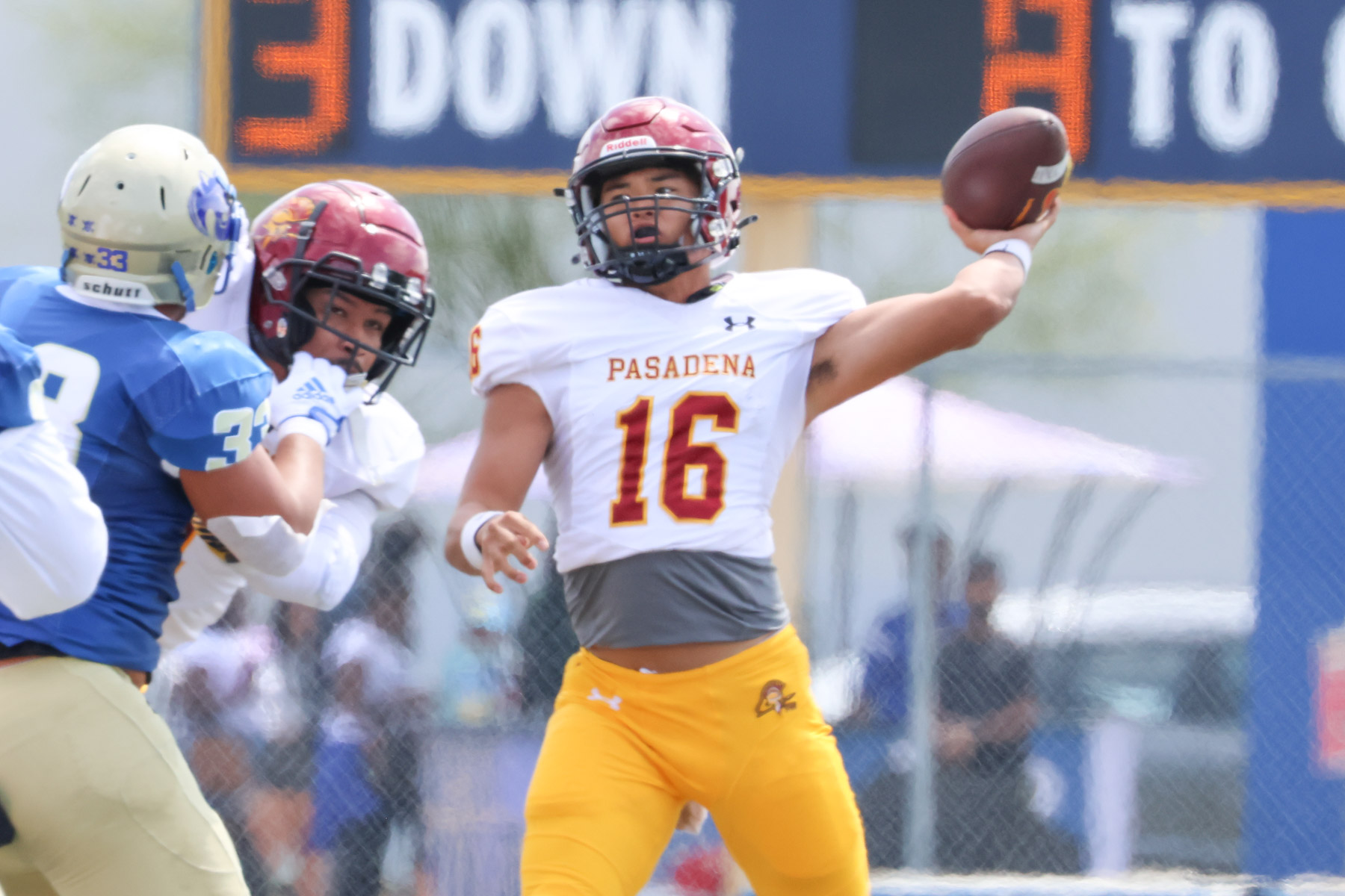 Kekahi Graham had a field day with six TD passes in PCC's win at West LA on Saturday (photo by Richard Quinton).