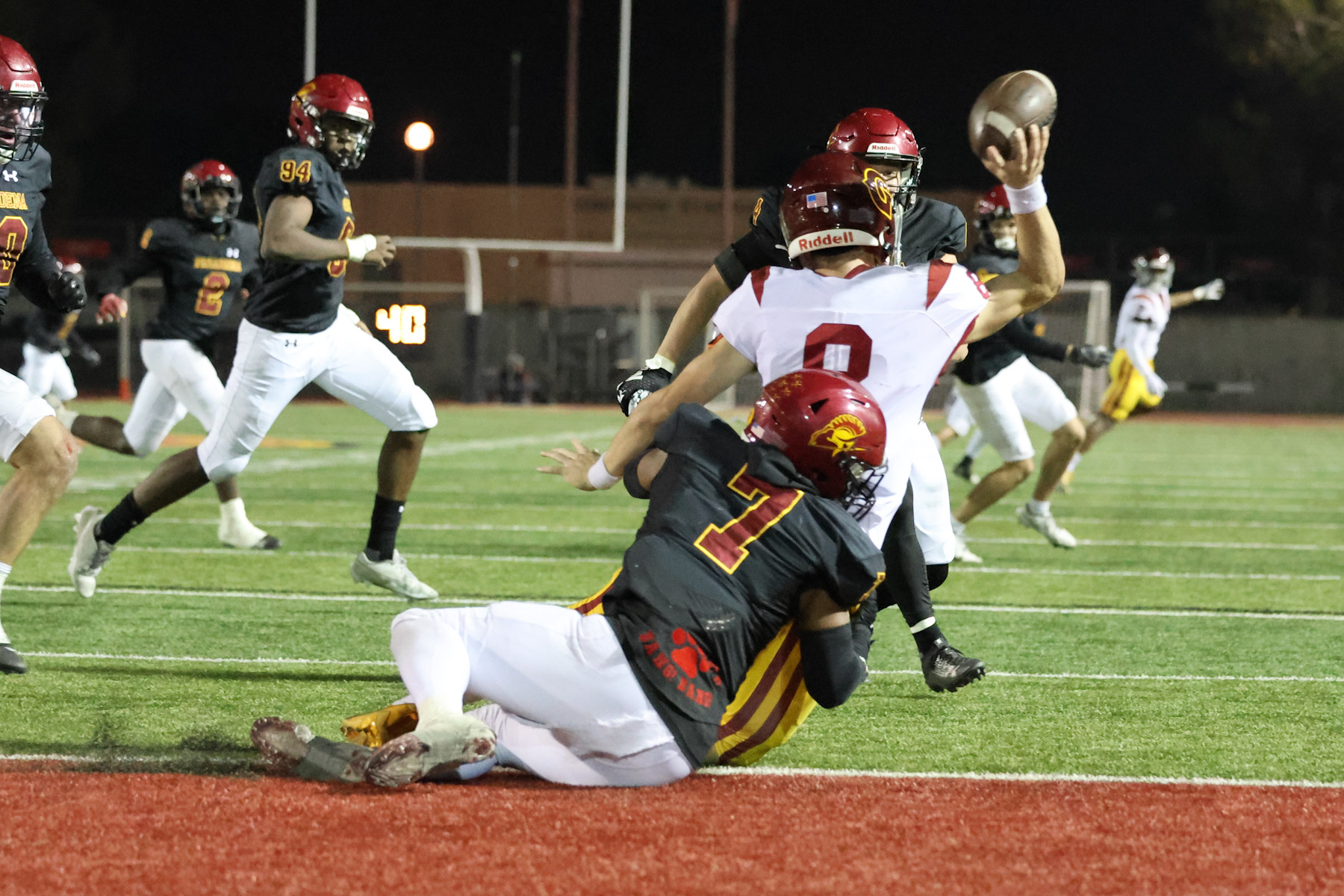 Torriq Brumfield nearly recorded a safety sack on this play during PCC's win v. Glendale (photo by Richard Quinton).