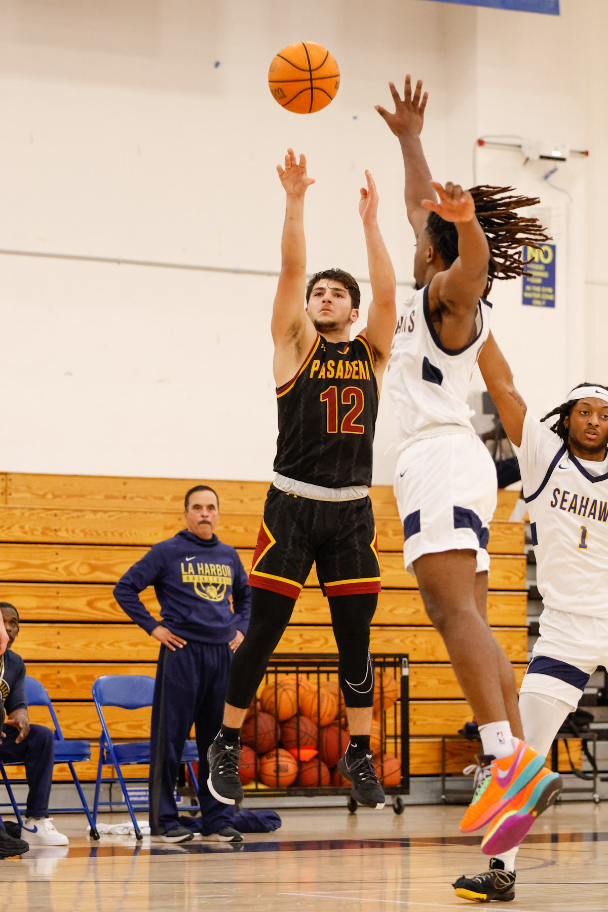 Shant Chenorhavorian launches this basket during PCC's win at LA Harbor on Wednesday night (photo by Richard Quinton).