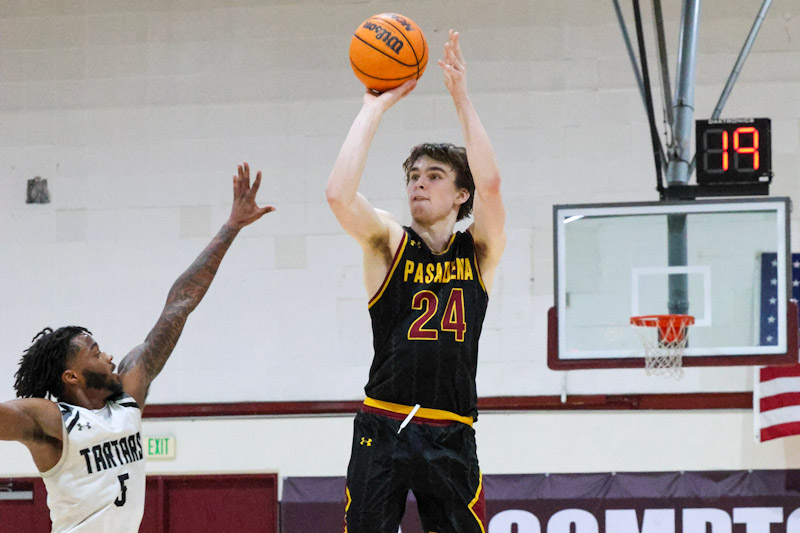 Quinlan Daly launches a shot during PCC's win at Compton on Friday night (photo by Richard Quinton).