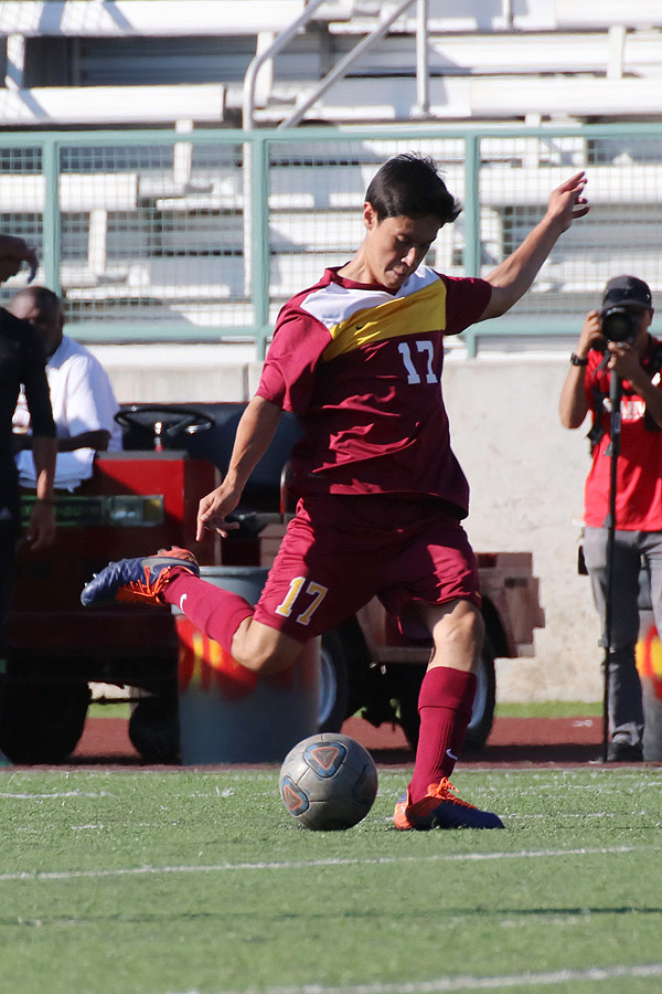 Cesar Tanaka gets ready to drive in the game-winning goal here in PCC's 2-1 win over Long Beach at Robinson Stadium on Tuesday, photo by Richard Quinton.