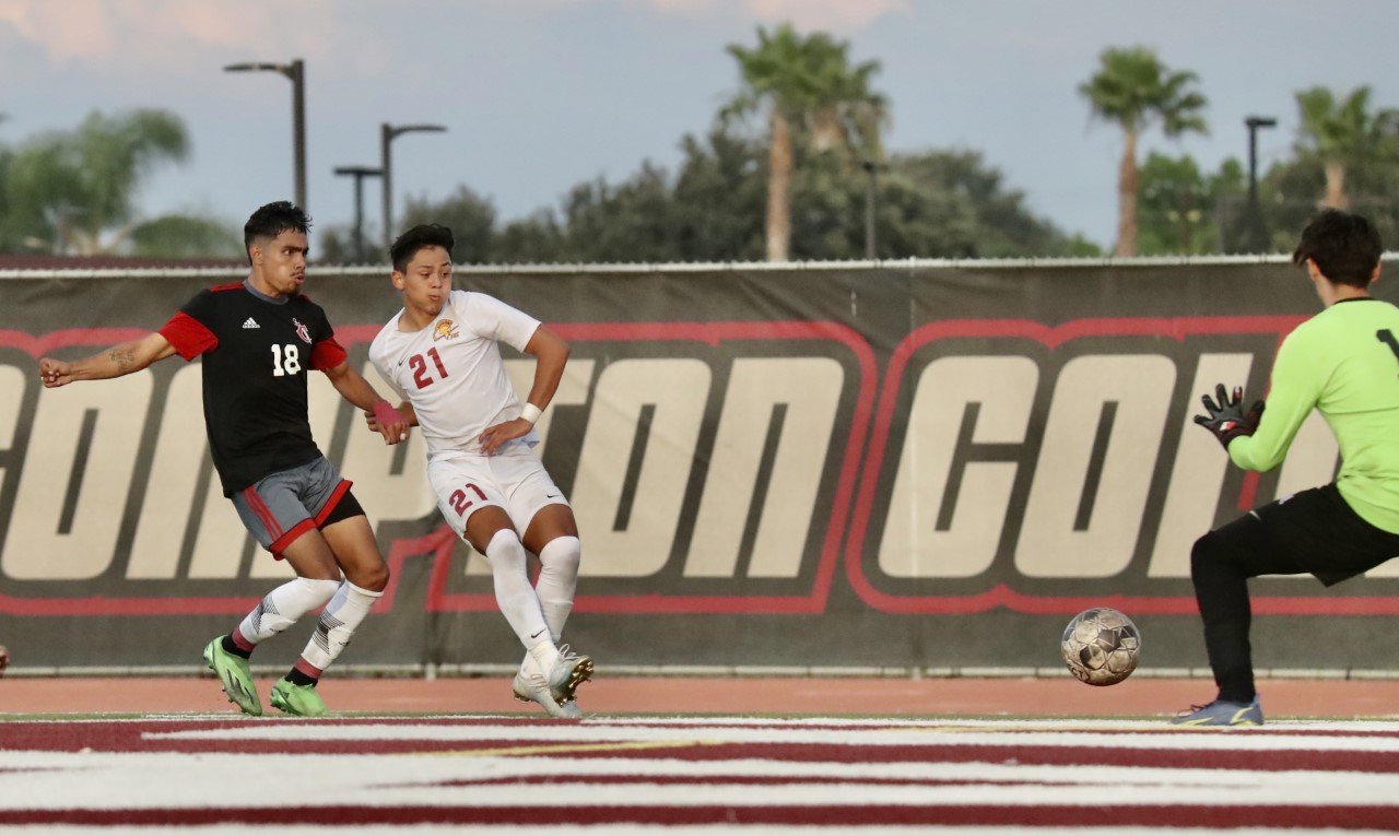 Diego Lazo drives in the winning goal here at Compton (photo by Michael Watkins)