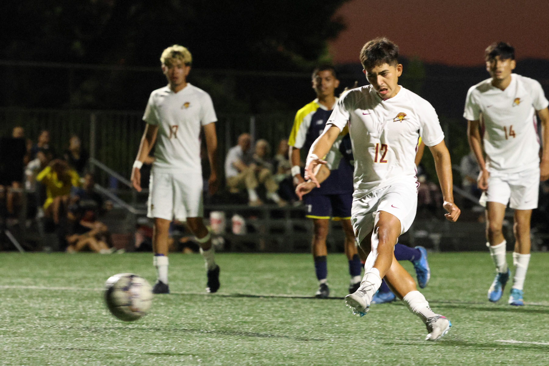 Jorge Cedillo scores on a PK here on his way to the natural hat trick at Canyons (photo by Richard Quinton).