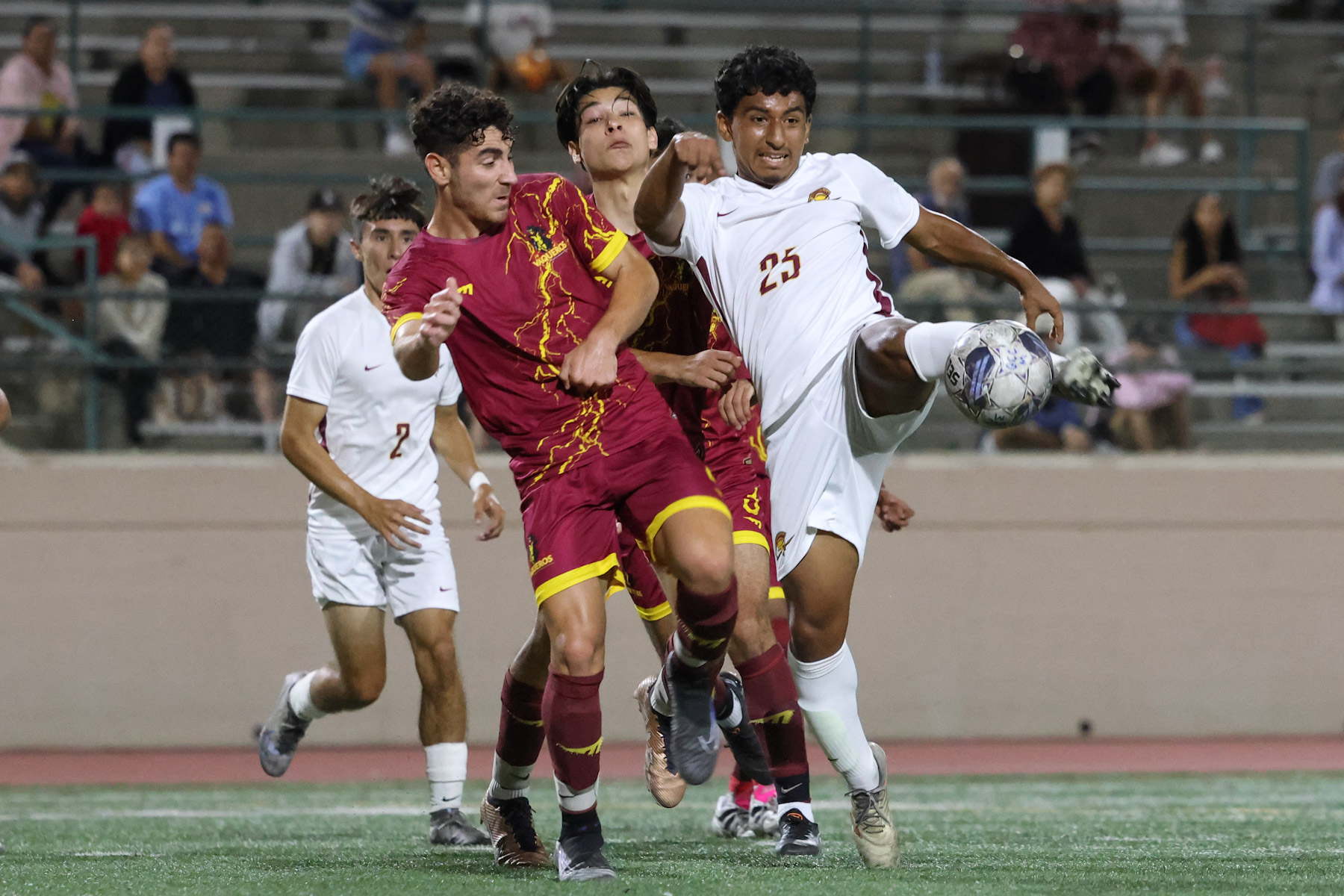 Emiliano Escobar fights for the ball during PCC's tie at Glendale Tuesday night (photo by Richard Quinton).