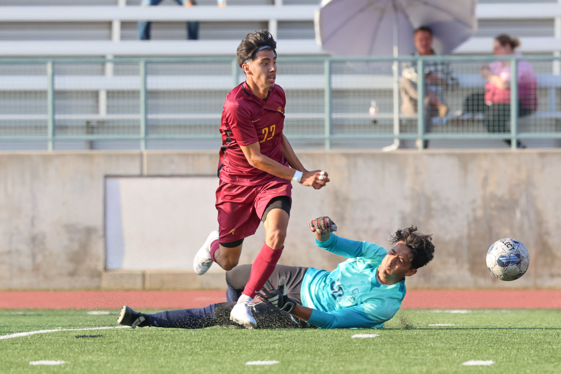 Angel Nolasco completes his hat trick here as PCC beat Orange Coast on Friday (photo by Richard Quinton).
