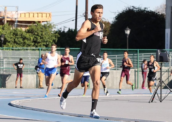 Eric Bravo won this heat in the 1,500 as part of the PCC men's track and field team's performance at the Cerritos College Open Feb. 23-24, photo by Richard Quinton.