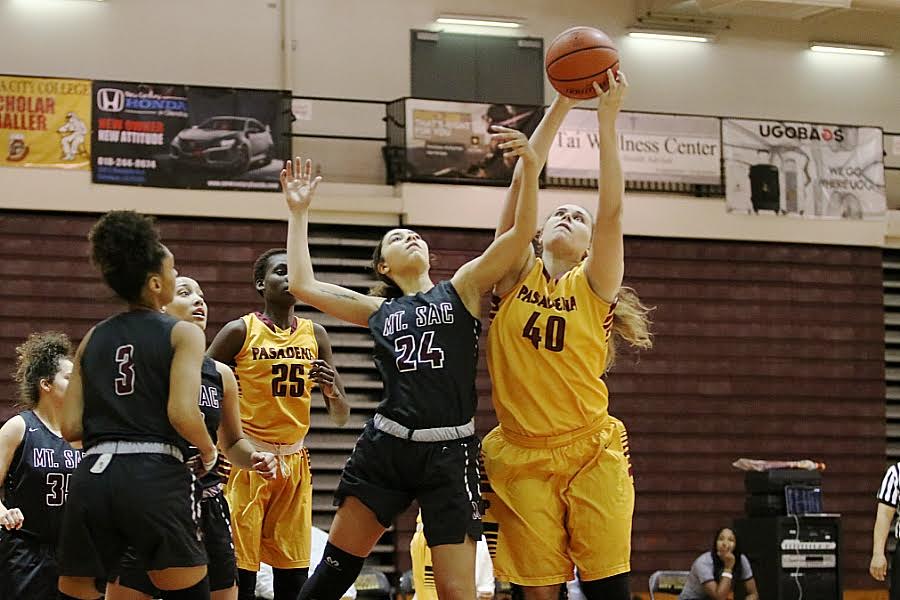 Alisa Shinn (40) and Mercy Odima (25) reached 20-20s in points and rebounds as PCC shocked Mt. SAC, 88-51, Wednesday night at Hutto-Patterson Gymnasium, photo by Richard Quinton.