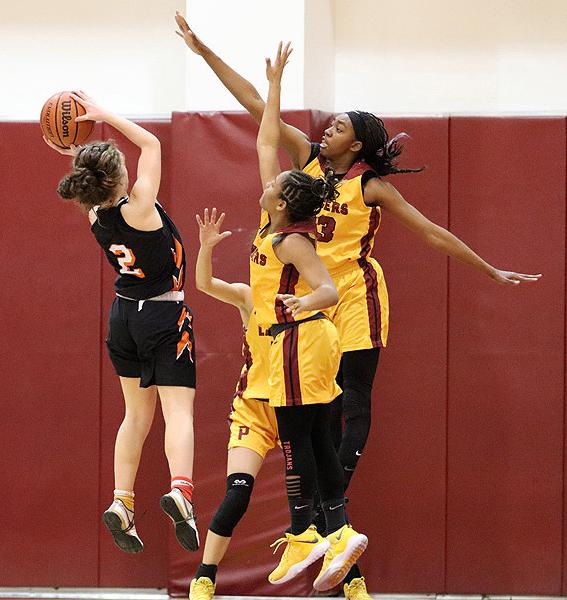 Dariel Johnson (hand above ball) and Cosette Balmy (arm vertical) are a dynamic duo returning for the 2019-2020 PCC women's basketball team this season.