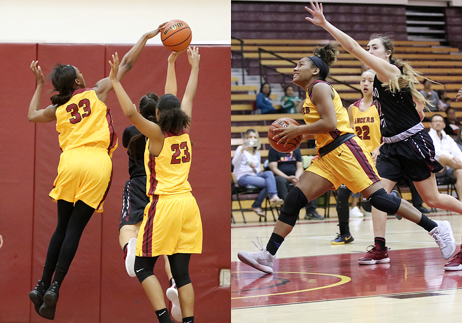 Lancer tourney MVP Dariel Johnson (33, left) and All-Tournament selection Cosette Balmy (right) in action v. San Diego City on Saturday, photos by Richard Quinton.