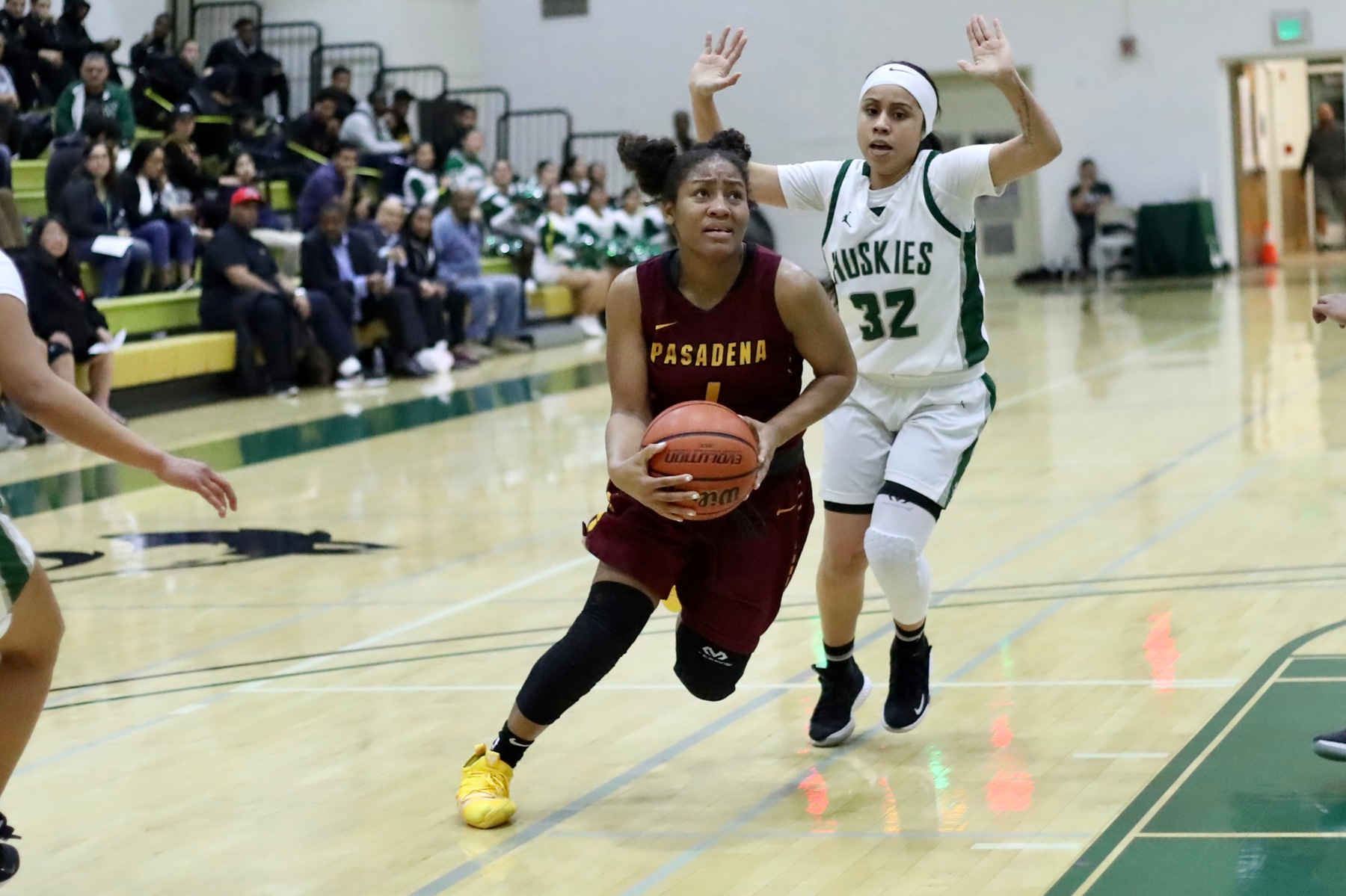 Cosette Balmy drives to the hoop during PCC's win over ELAC on Wednesday, photo by Michael Watkins.