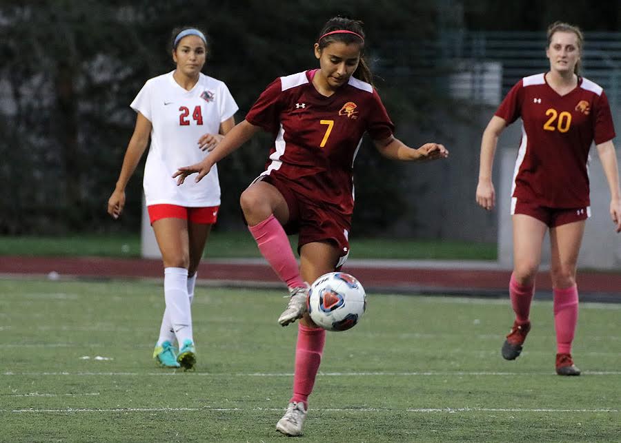 Stephanie Esparza plays the ball here during PCC's loss v. Chaffey Tuesday at Robinson Stadium, photo by Richard Quinton.