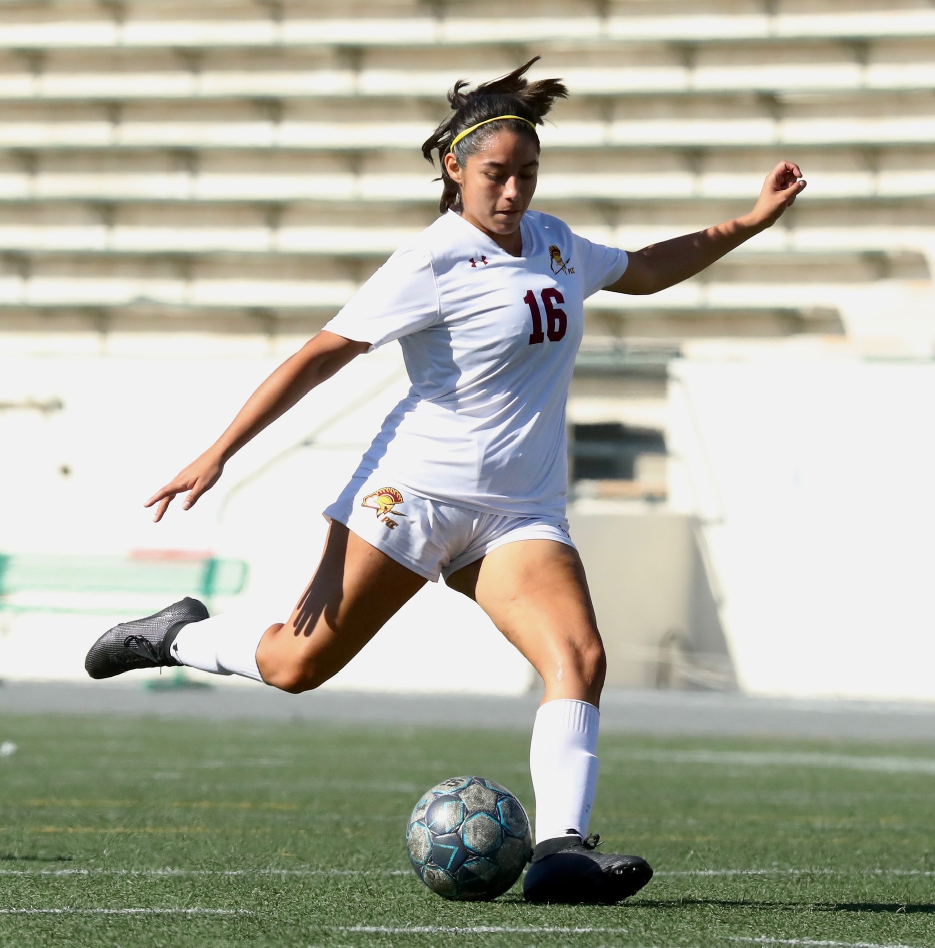 Andrea Sanchez puts her best foot forward to score one of her two goals in PCC's win at ELAC (photo by Michael Watkins).
