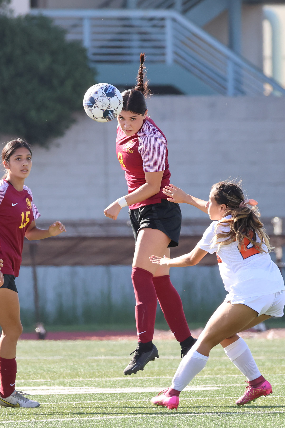 Destiny Delgado with the header here during PCC's win over Citrus (photo by Richard Quinton).