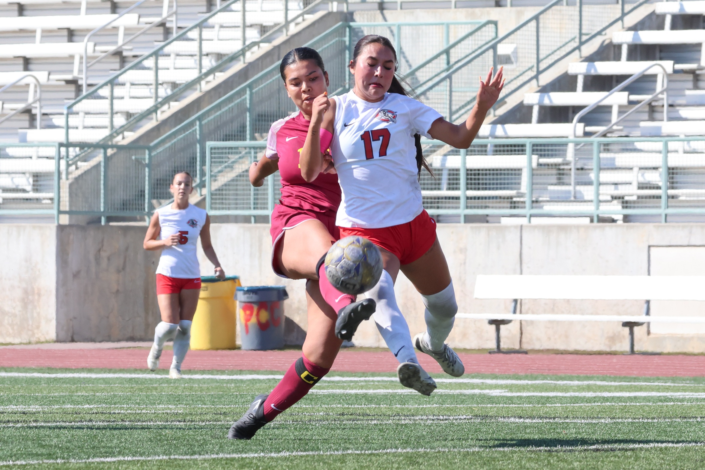 Isabela Guerrero scores the game-winner for PCC women's soccer on Tuesday (photo by Richard Quinton).