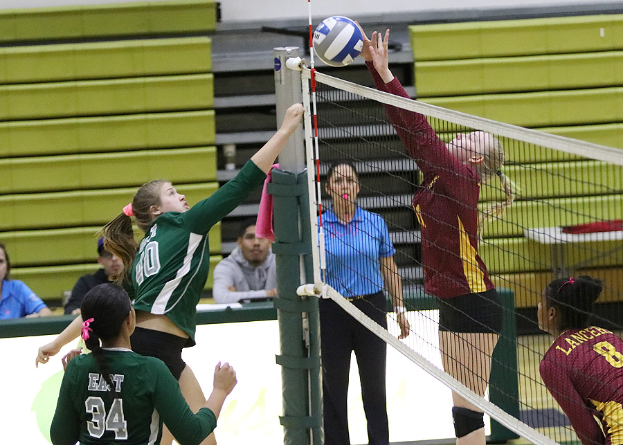 Lancer Abby Martin with the block here during PCC's win at East Los Angeles College Wednesday, photo by Richard Quinton.