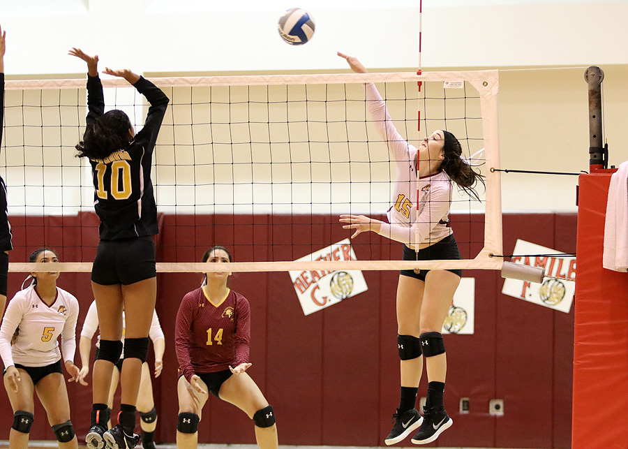 Lancer Janell Currier fires a kill in a recent match. She helped PCC earn its second straight SCC North Division championship on Friday night.
