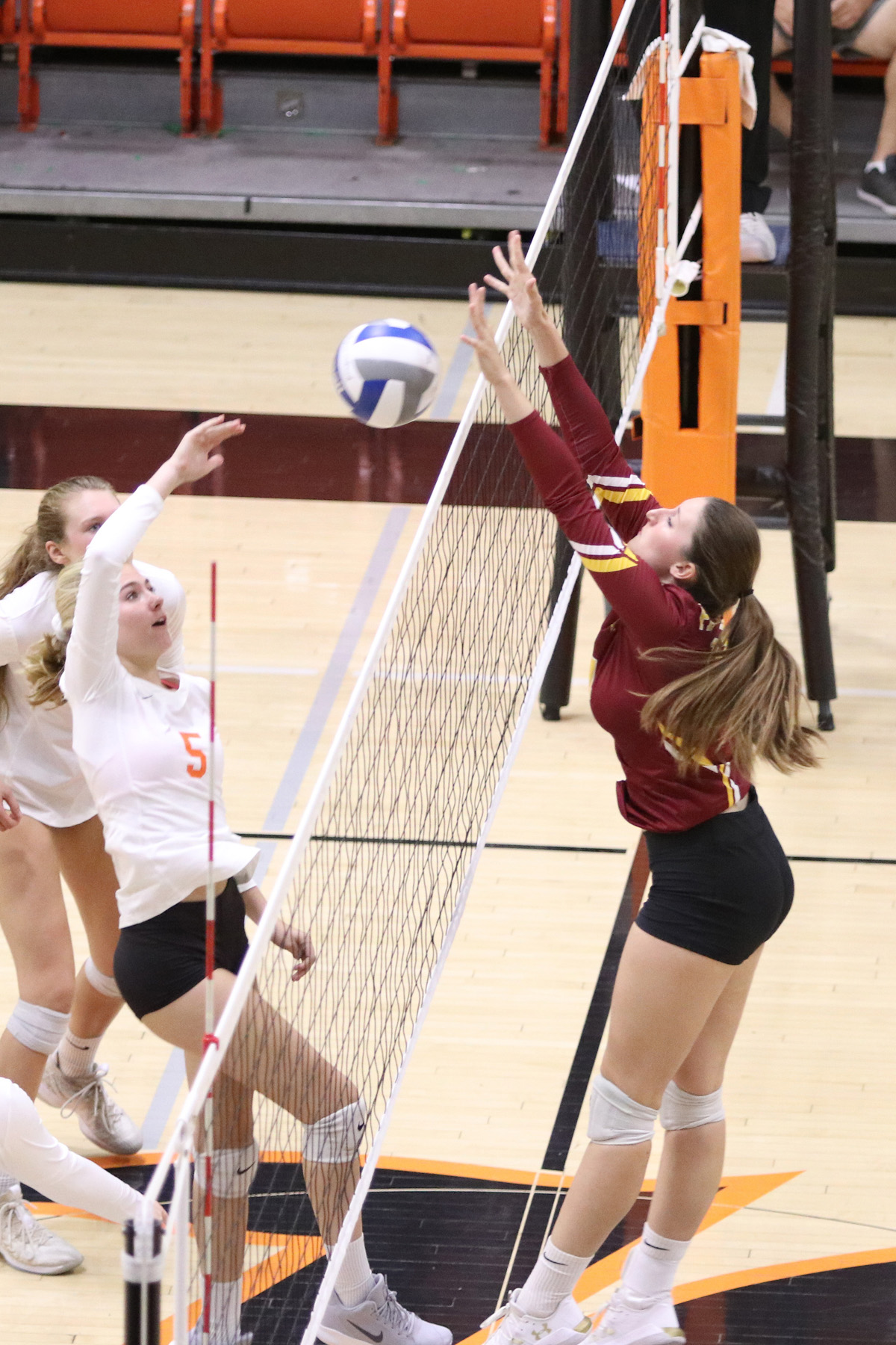 Maggie Harris with the block during PCC's win at Ventura.
