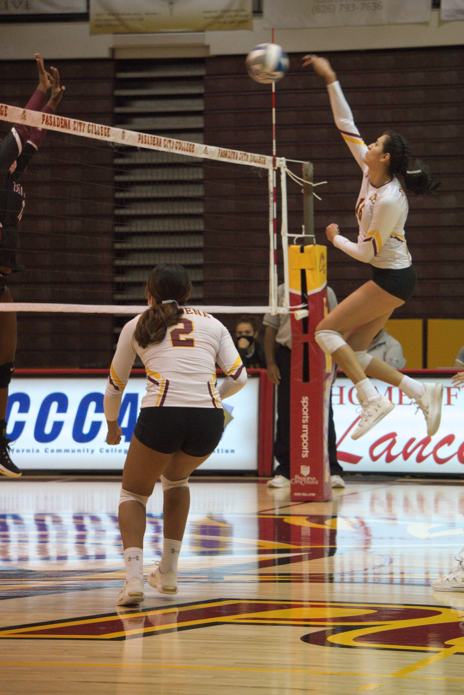 Paulina Lopez goes up for the attack during PCC's win over Mt. SAC on Wednesday night (photo by Ken McLin).