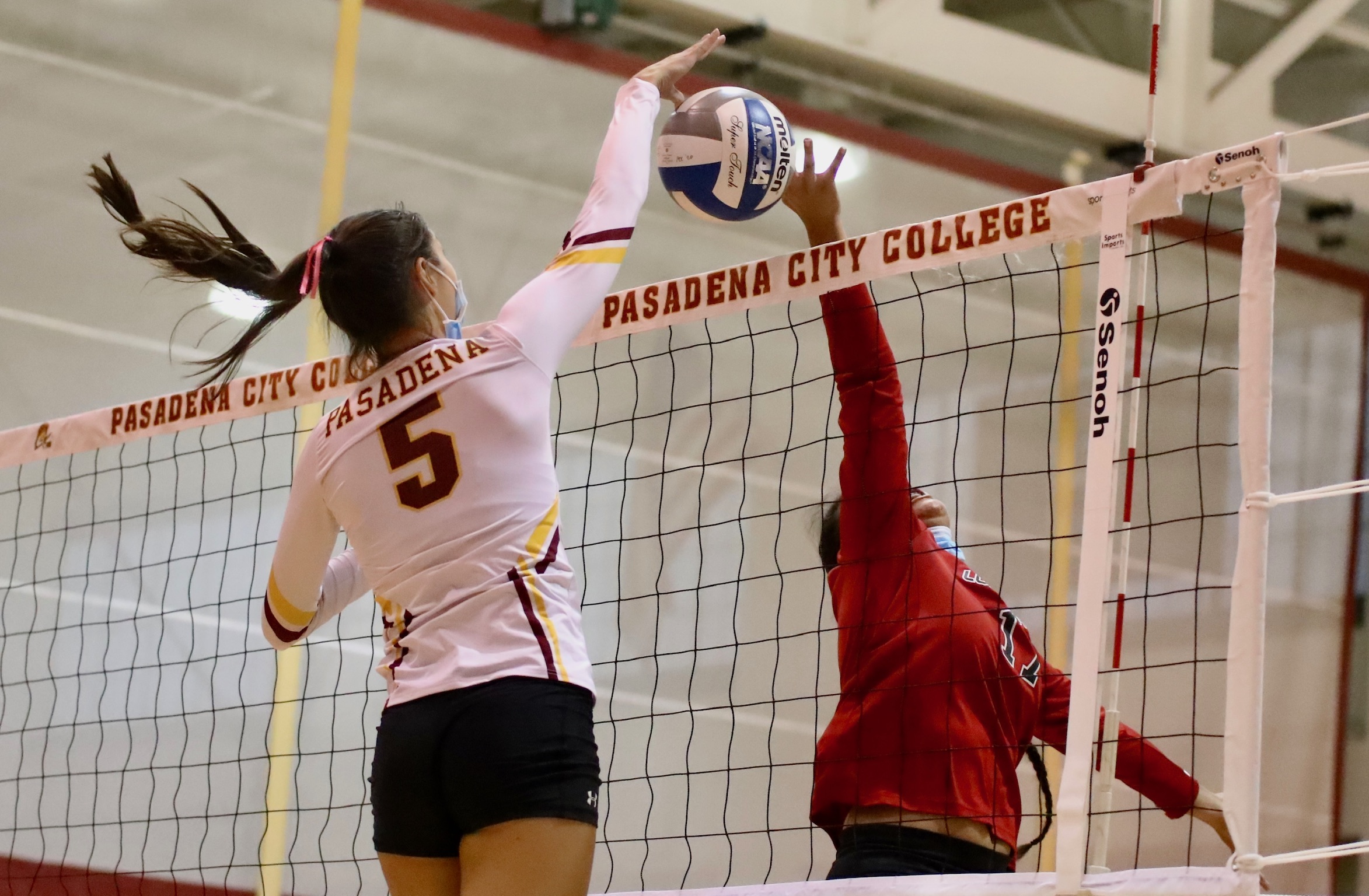 Camila Sanchez-Tellez (#5) with the attack at net during PCC's win over Long Beach Wednesday night at Hutto-Patterson Gymnasium (photo by Michael Watkins).