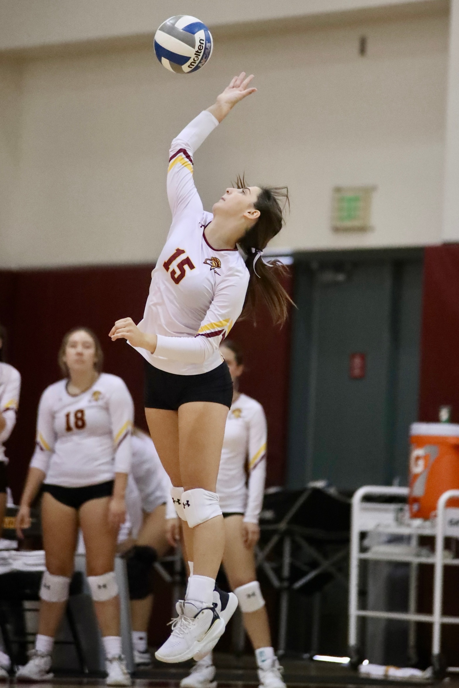 Reese Roper delivers one of her eight aces in the Lancers win over Antelope Valley (photo by Michael Watkins).