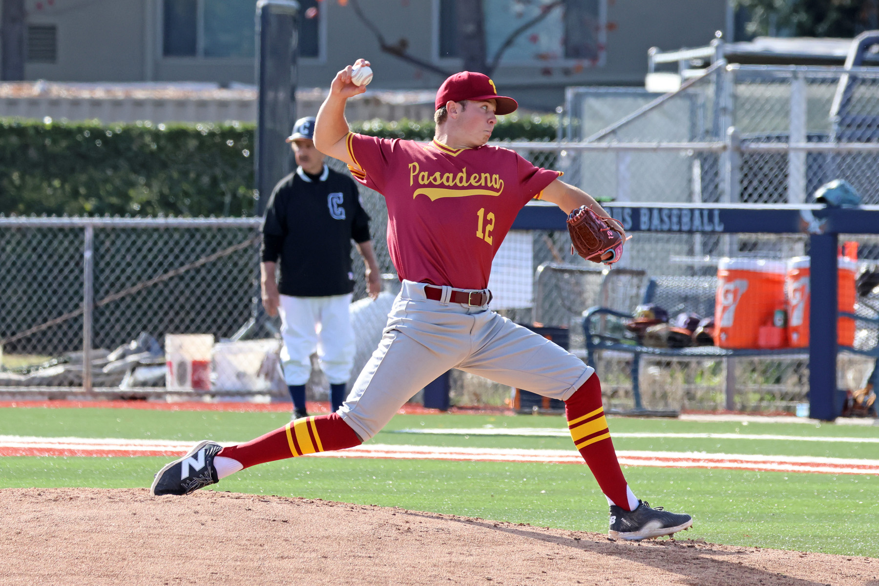 Connor Campbell delivers a pitch in PCC's win at Citrus College on Saturday (photo by Richard Quinton).