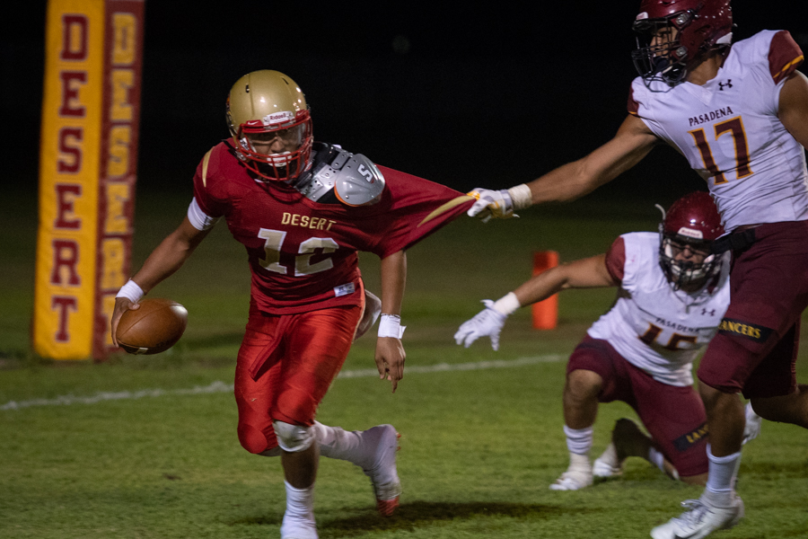 Craig Francois with the safety and sack as teammate Hector Palacios is ready to pounce during PCC's win at College of the Desert (photo courtesy of COD sports information office and photographer Michael Leone.)